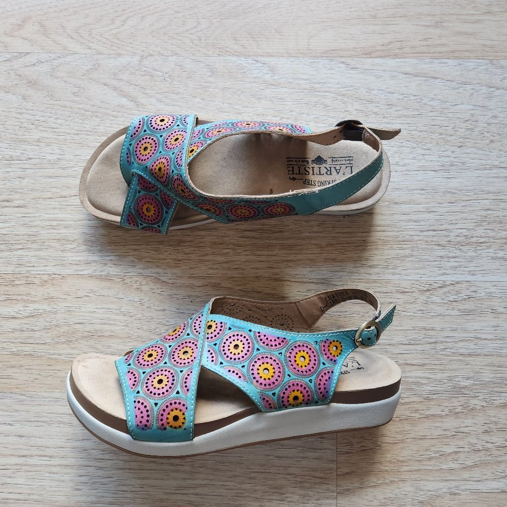 L'Artiste Spring Step Erice Sandal Slingback Buckle Leather Blue Pink